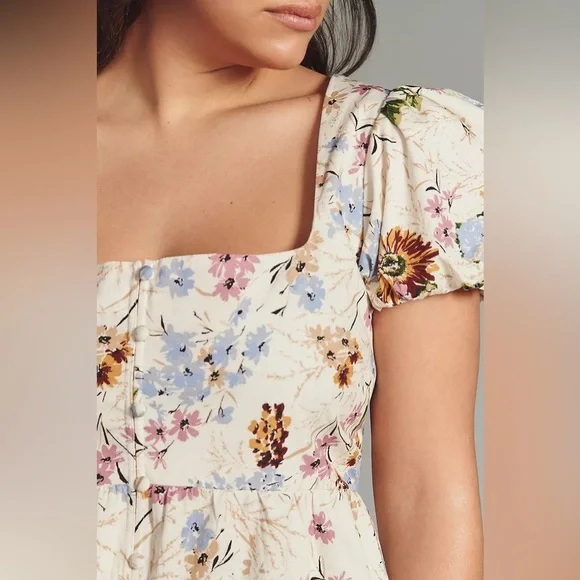 NWT Size S - By Anthropologie Puff-Sleeve Peplum Top (100% Cotton) - Picture 8 of 12